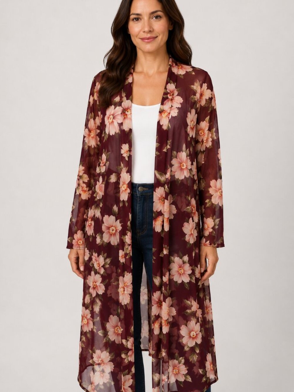 Blush 1XL Burgundy Floral Sheer Mesh Long Open Front Duster Cardigan